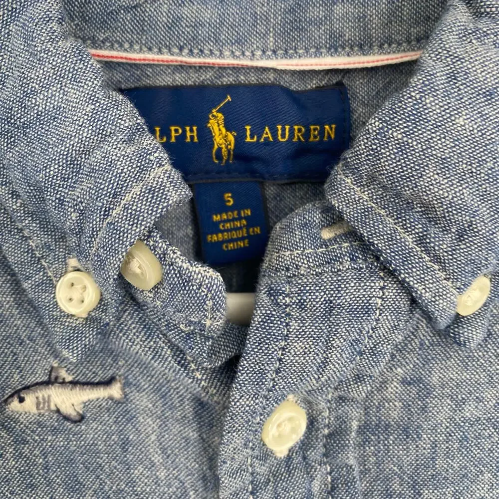 Ralph Lauren Shirt Boy 5 Blue Button Up Fish Embroidered Nautical Preppy Coastal